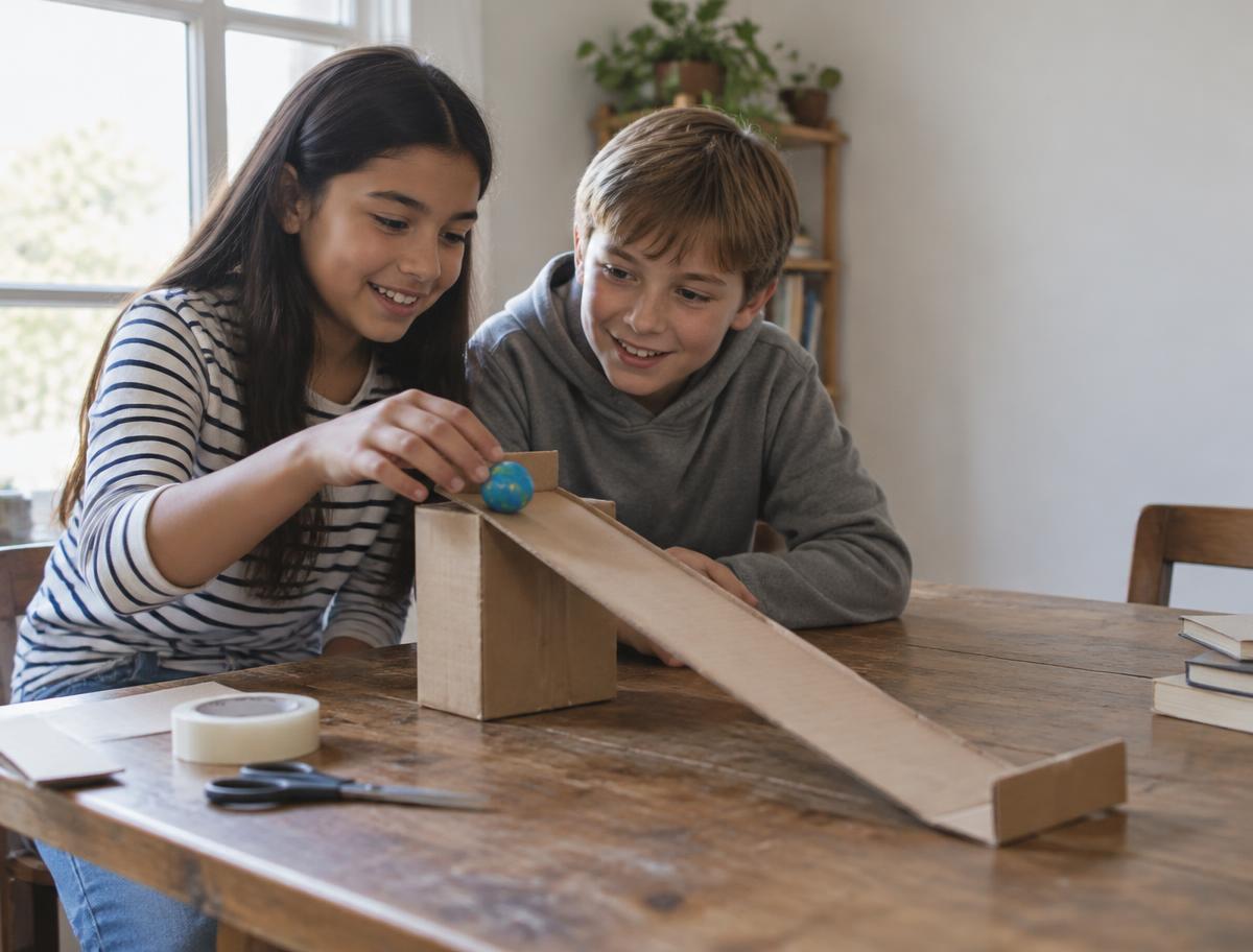 Two children smiling as they test a homemade cardboard ramp with a small ball