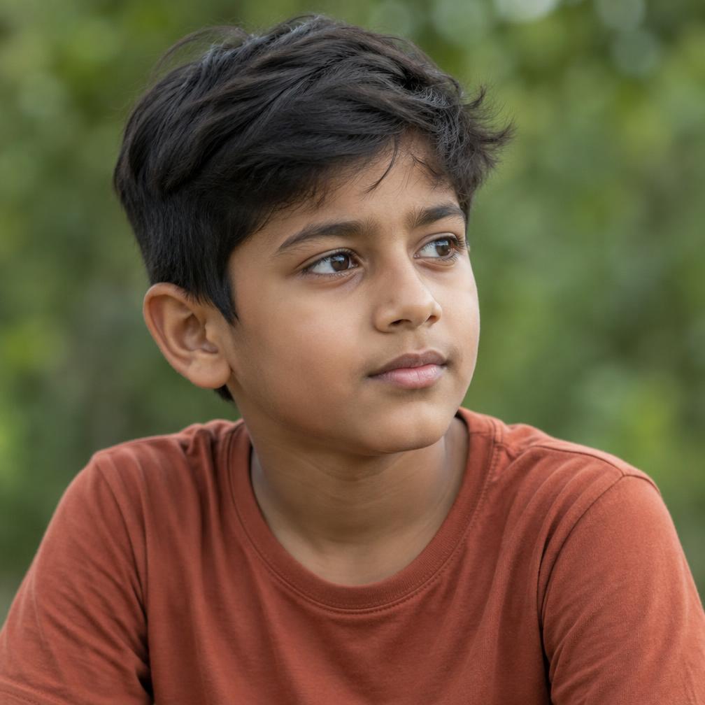 A boy in a rust-coloured t-shirt looking thoughtfully to one side, outdoors