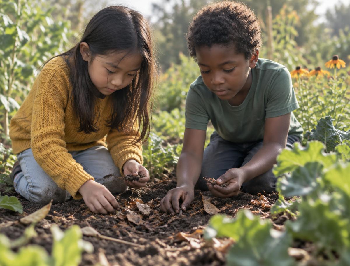 Two children kneeling in a garden bed, examining soil and fallen leaves in their hands
