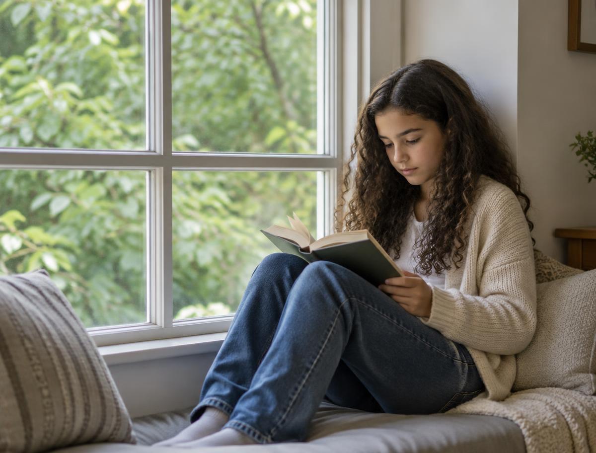 A girl reading quietly on a cushioned window seat