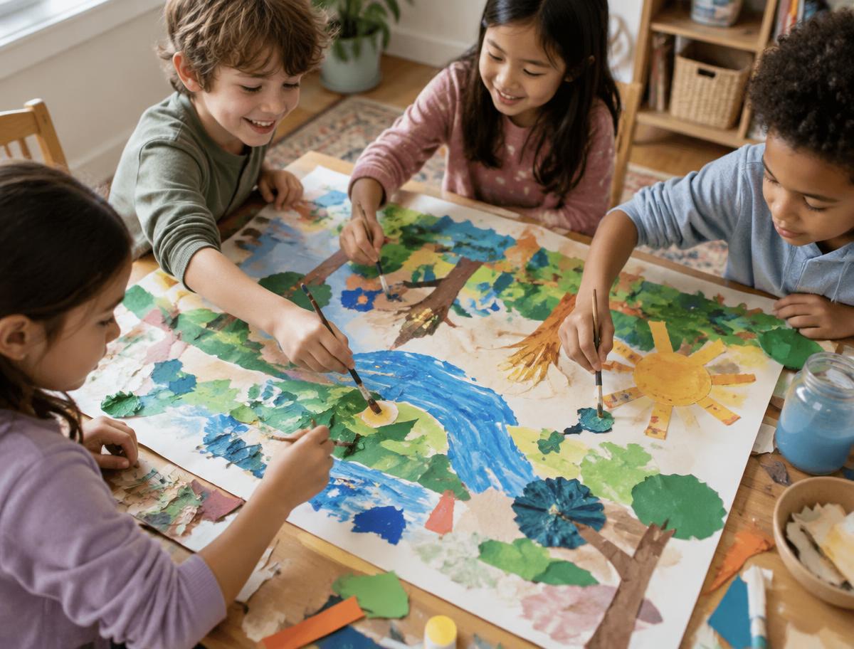 Four children painting a large shared collage of trees, a river and the sun
